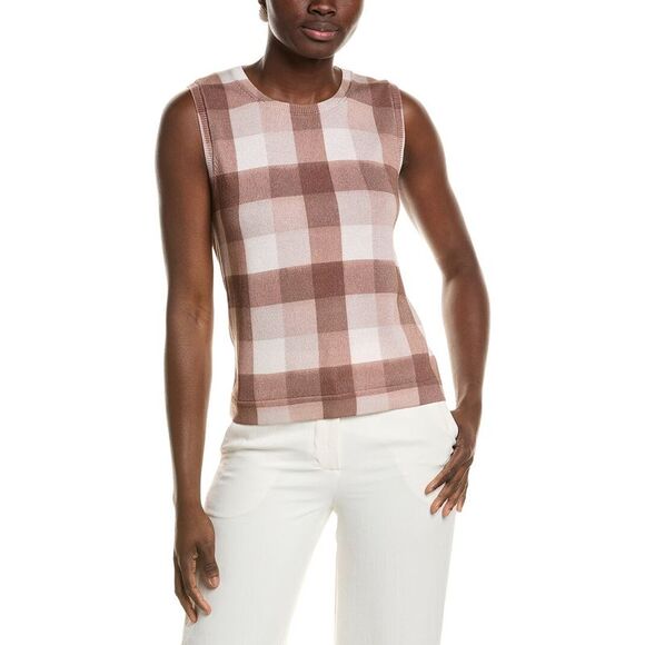 Oscar de la Renta Tops - Oscar De La Renta Womens  Printed Plaid Twinset Top, Brown